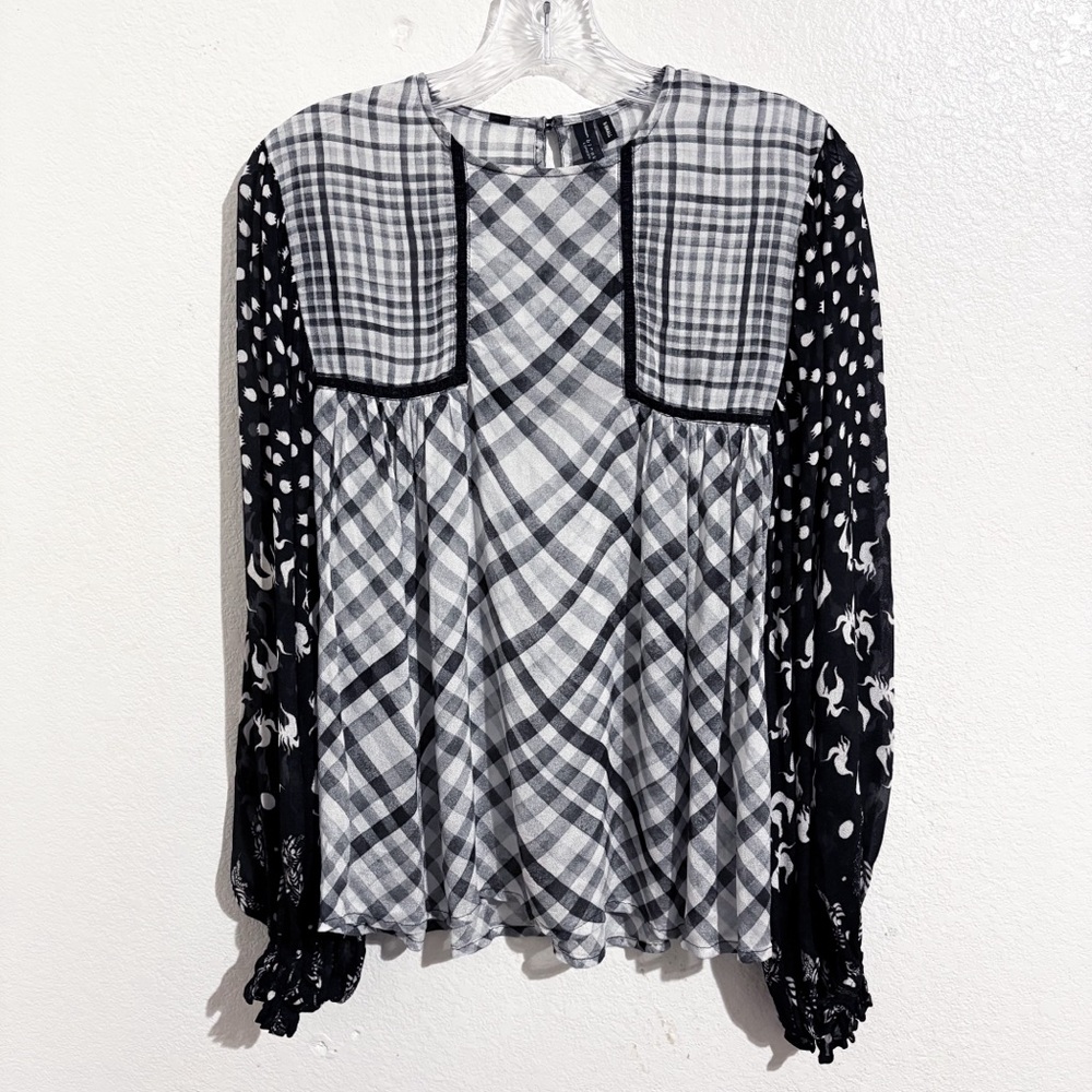 Anthropologie Bl-nk London Miranda Peasant Blouse in Black & White Gingham Plaid